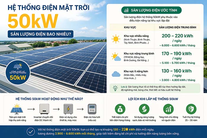 Hệ thống điện mặt trời 50kW sản lượng điện bao nhiêu?